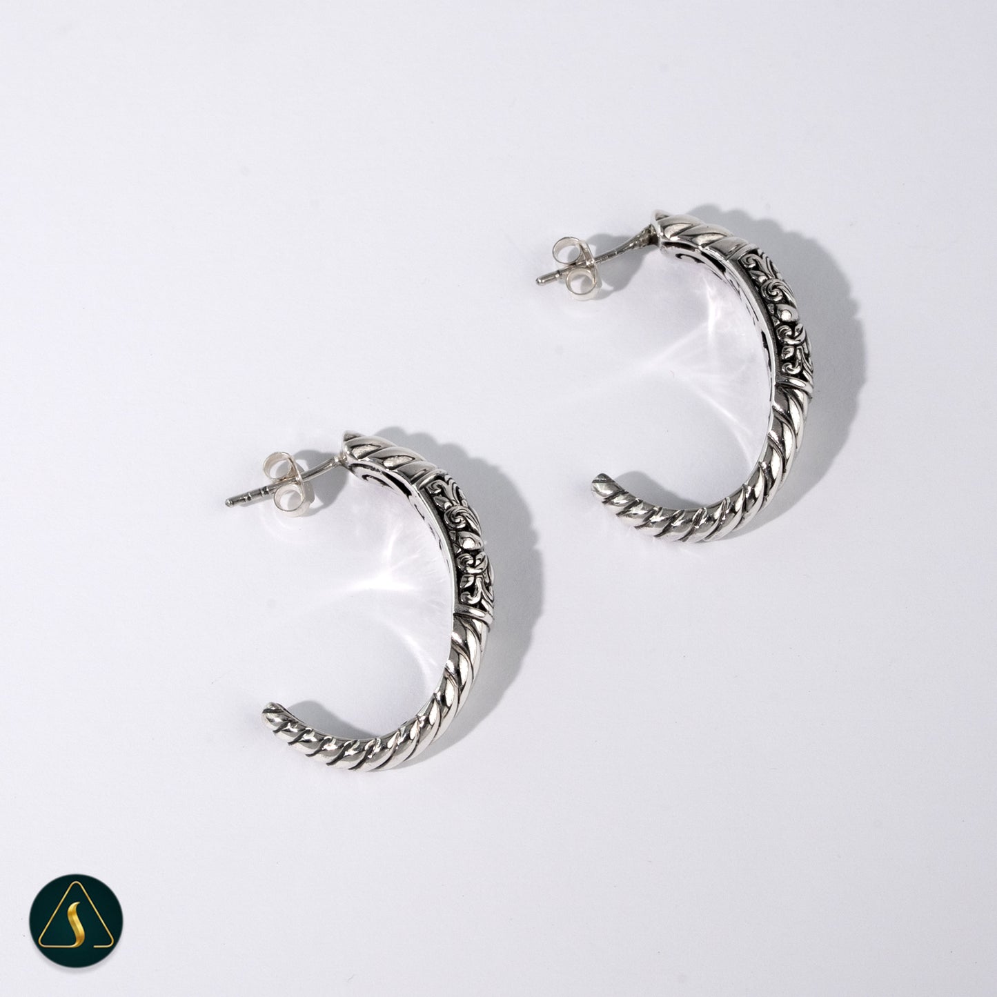 Handmade Sterling Silver Hoop Earrings – Balinese Floral Twist Design