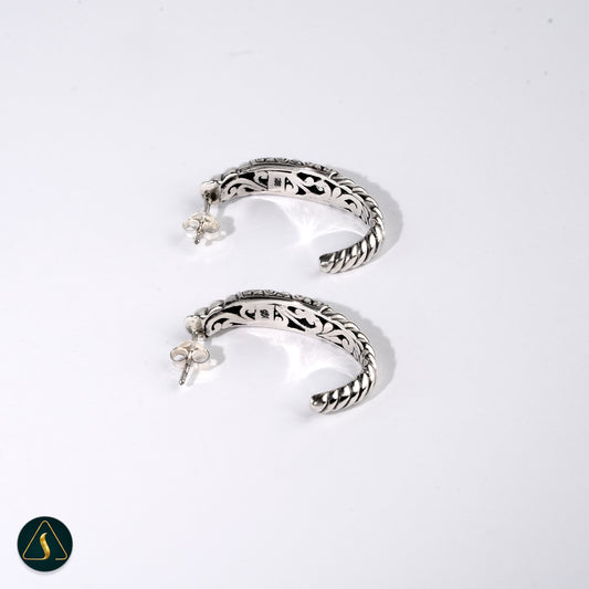 Handmade Sterling Silver Hoop Earrings – Balinese Floral Twist Design