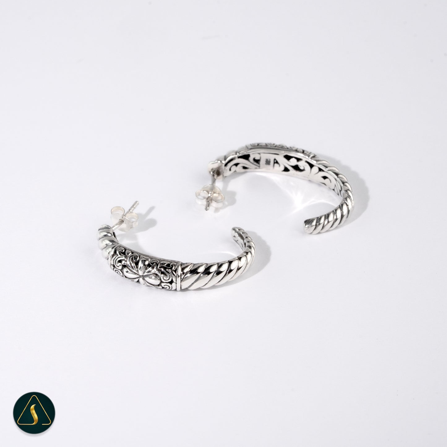 Handmade Sterling Silver Hoop Earrings – Balinese Floral Twist Design