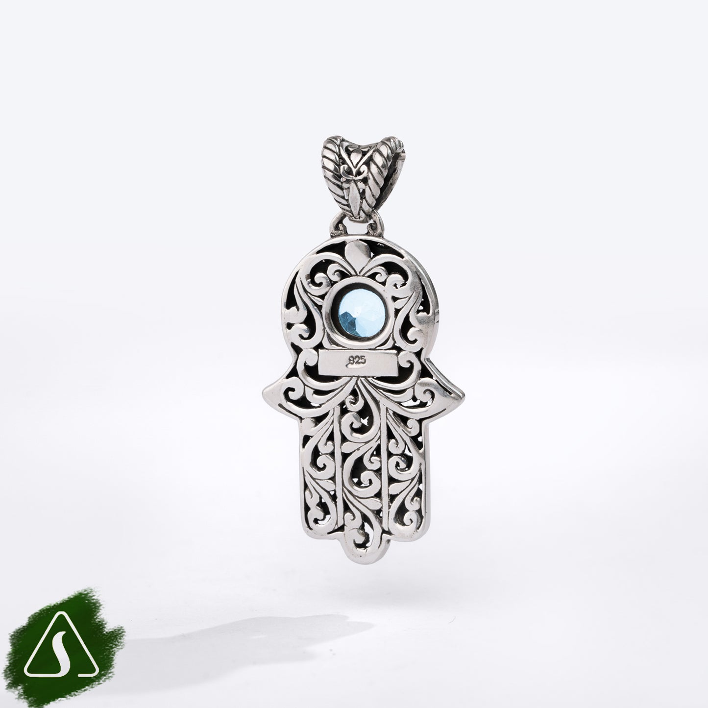 Sterling Silver Hamsa Hand Pendant with Blue Topaz Gemstone and Intricate Filigree Design