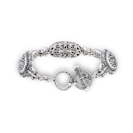 Silver Floral Engraved Bracelet with Three Oval Ornamental Panels, Scrollwork & Toggle Clasp