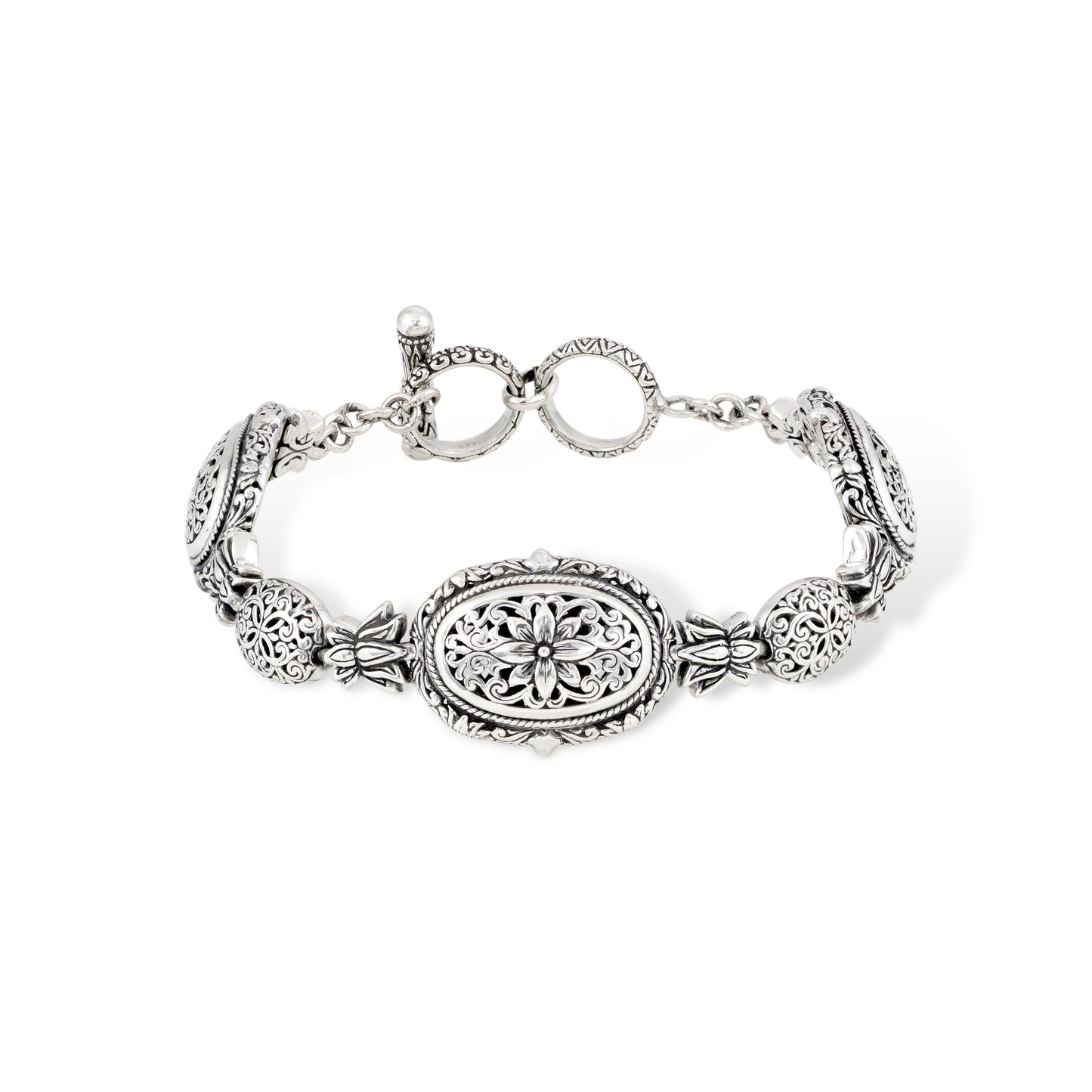 Silver Floral Engraved Bracelet with Three Oval Ornamental Panels, Scrollwork & Toggle Clasp