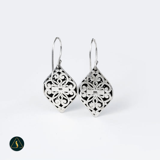 Silver Filigree Dangle Earrings, Diamond Shape Bali Jewelry