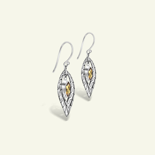 Bamboo Inspired Sterling Silver Earrings with Marquise Citrine – Timeless Elegant Jewelry