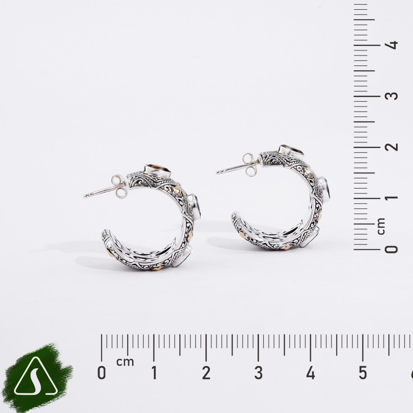 Sterling Silver Hoop Earrings with Blue Topaz & Peridot Gemstones and 18K Gold Accents