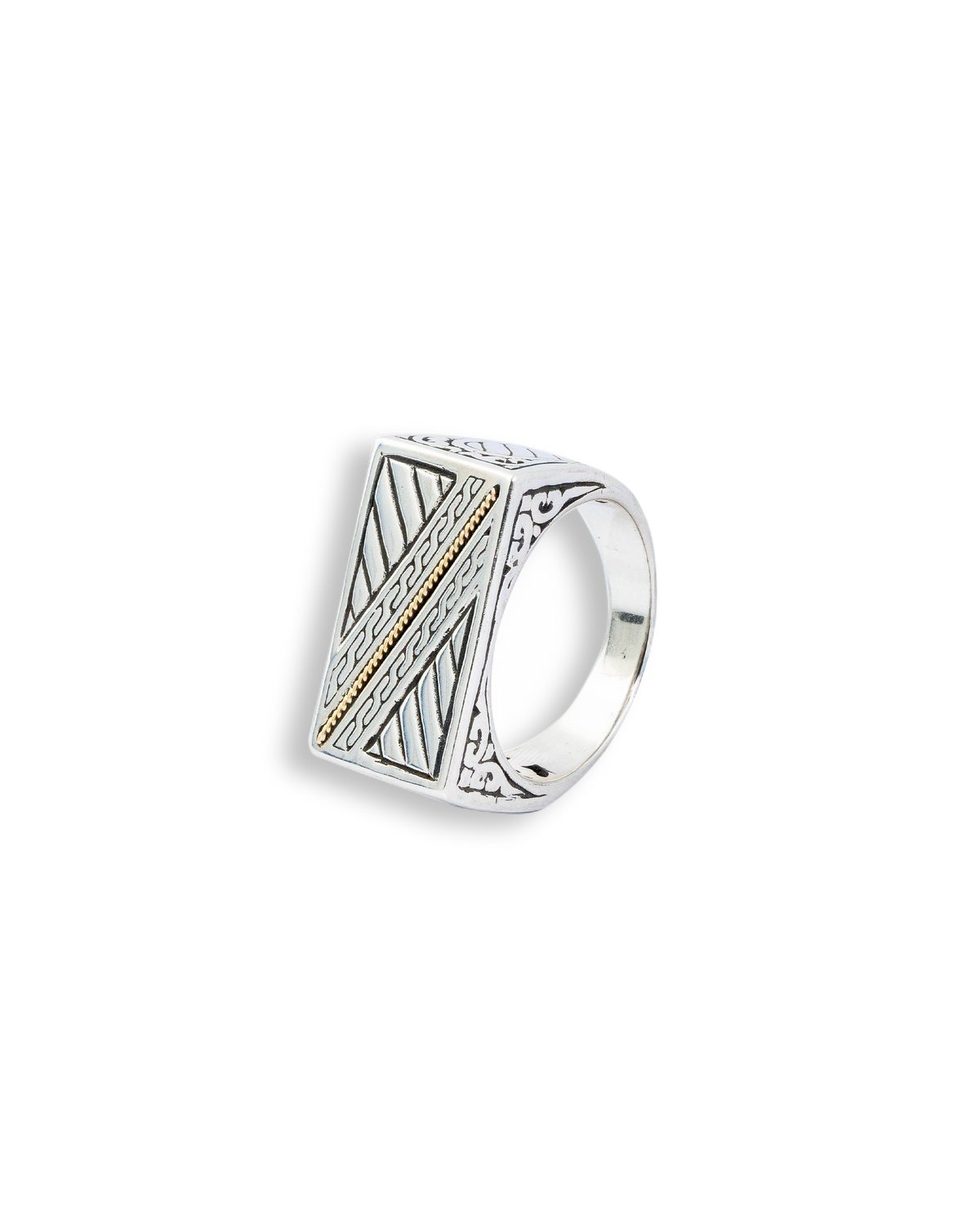 18K Gold Accent Engraved Sterling Silver Signet Ring