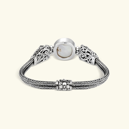 Sterling Silver Frog Carved Chain Bracelet with White Pearl