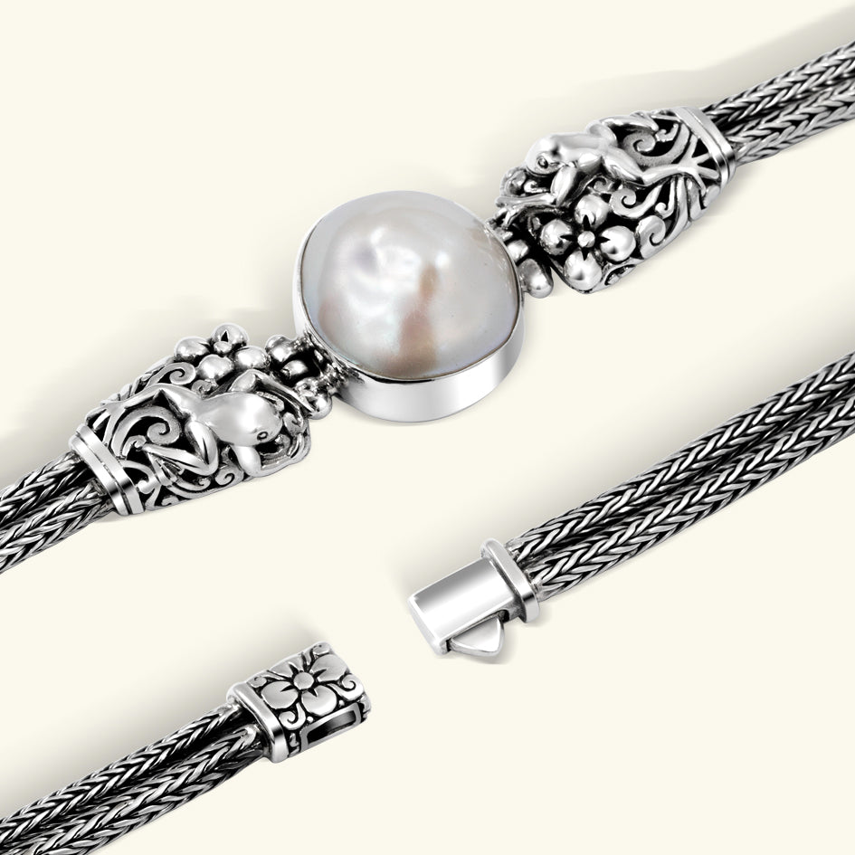 Sterling Silver Frog Carved Chain Bracelet with White Pearl