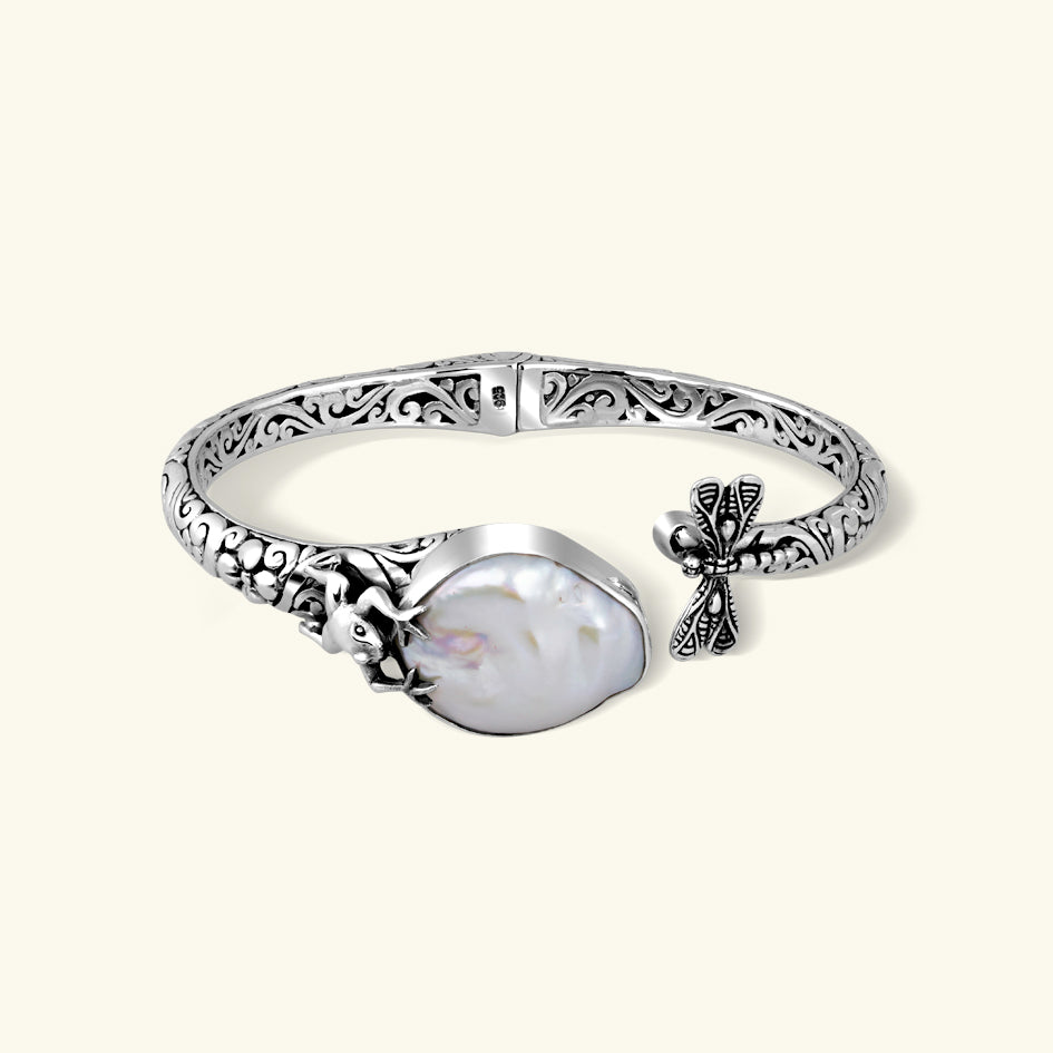Sterling Silver Frog Engraved Pearl Bracelet