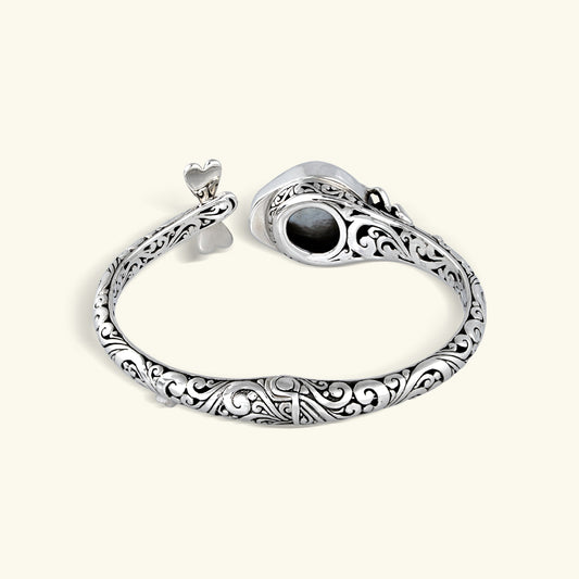 Sterling Silver Frog Engraved Pearl Bracelet