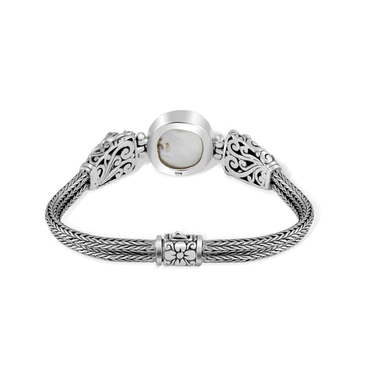 Sterling Silver Frog Carved Chain Bracelet with White Pearl