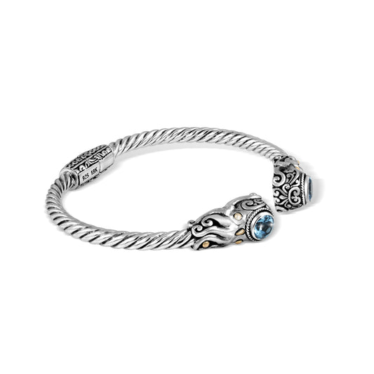 Handcrafted 925 Sterling Silver Twisted Rope Cuff Bracelet with Ornate Details and Dual Blue Gemstone Accents