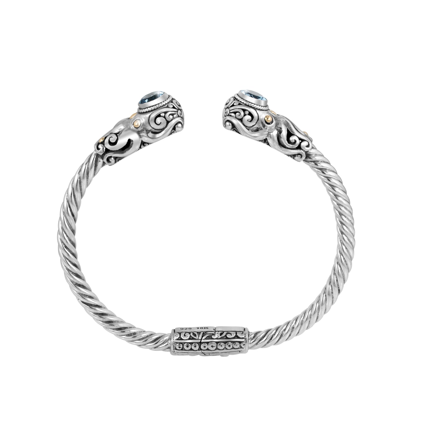 Handcrafted 925 Sterling Silver Twisted Rope Cuff Bracelet with Ornate Details and Dual Blue Gemstone Accents