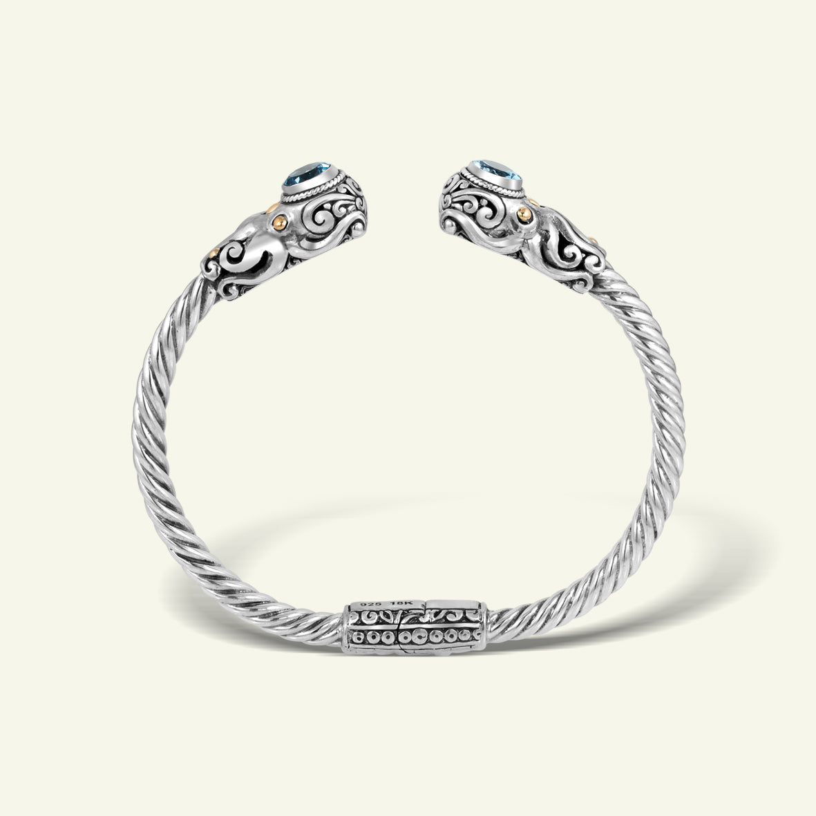 Handcrafted 925 Sterling Silver Twisted Rope Cuff Bracelet with Ornate Details and Dual Blue Gemstone Accents