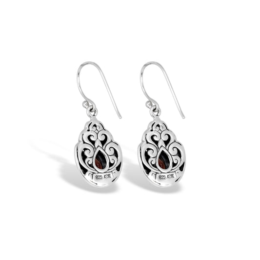 Balinese Sterling Silver Teardrop Earrings with Intricate Scrollwork & Garnet