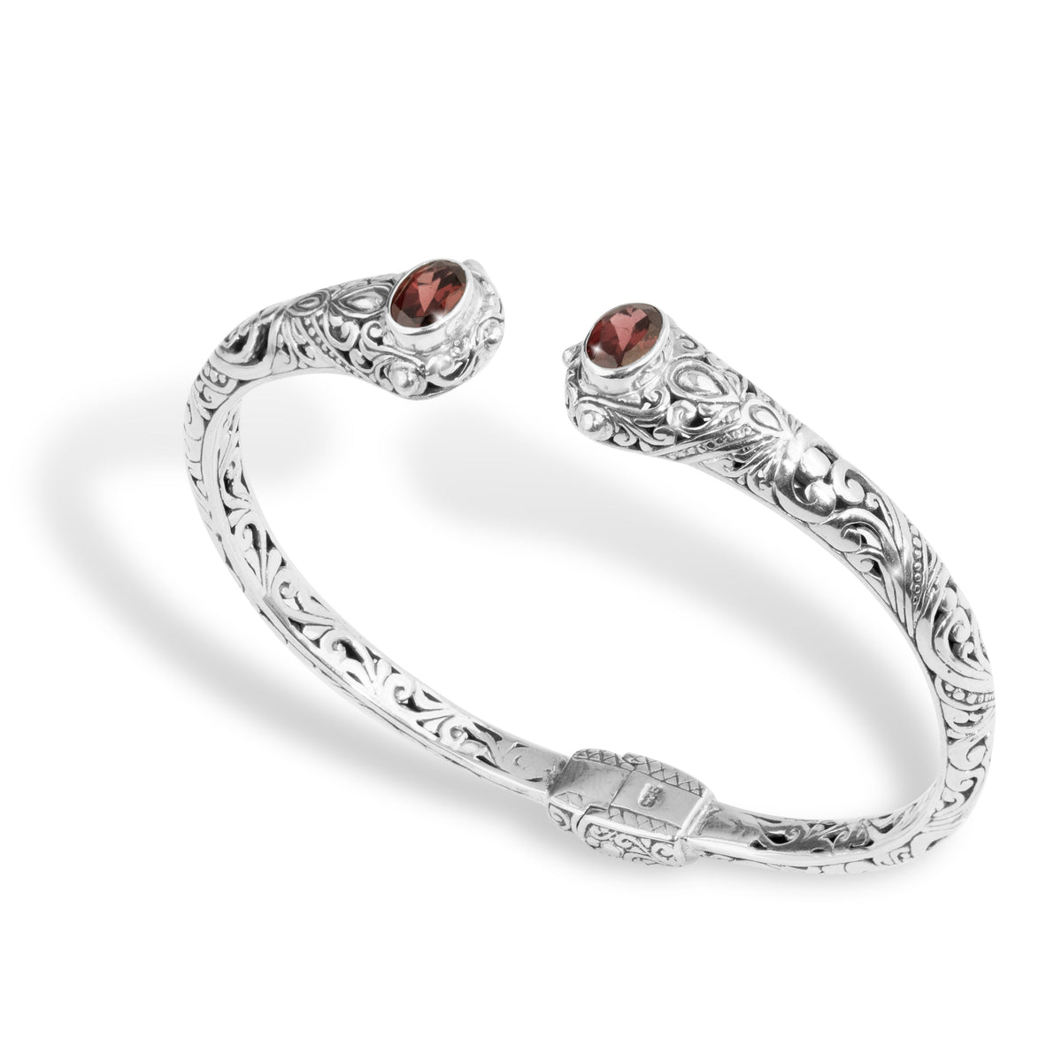 Balinese Garnet Sterling Silver Open Cuff Bracelet with Intricate Scrollwork