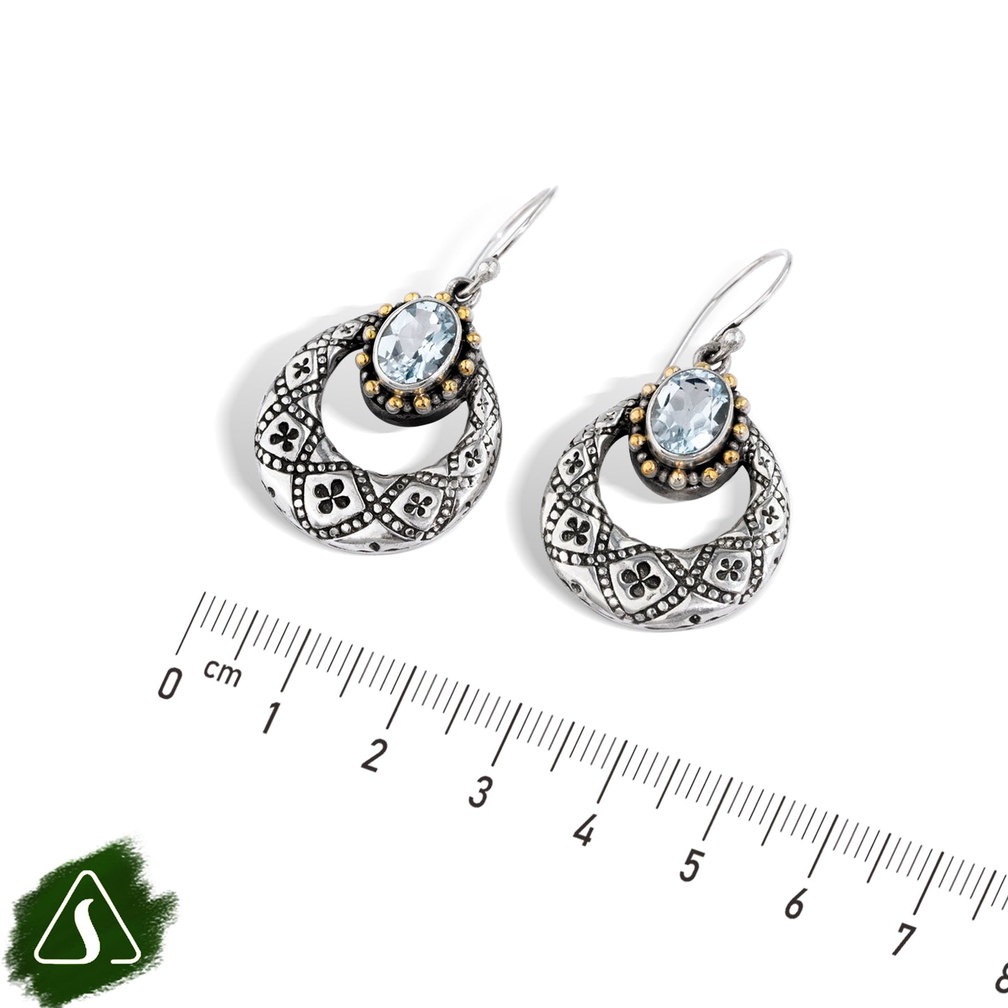 Silver Blue Topaz Dangle Earrings with 18K Gold Accents