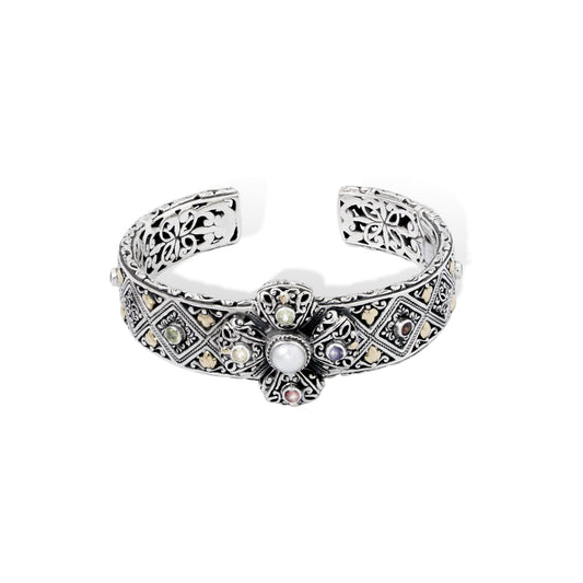 Handcrafted Sterling Silver Batik Engraved Cuff Bracelet with Multicolor Gemstones with 18k gold