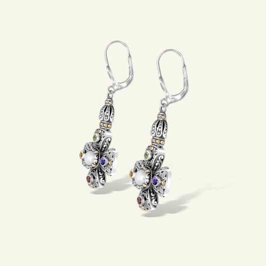 Heritage Floral Cross Drop Earrings in Sterling Silver with Pearl and Multicolor Gemstones