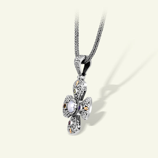 Artisan Sterling Silver Petal Cross Pendant with Pearl Centerpiece