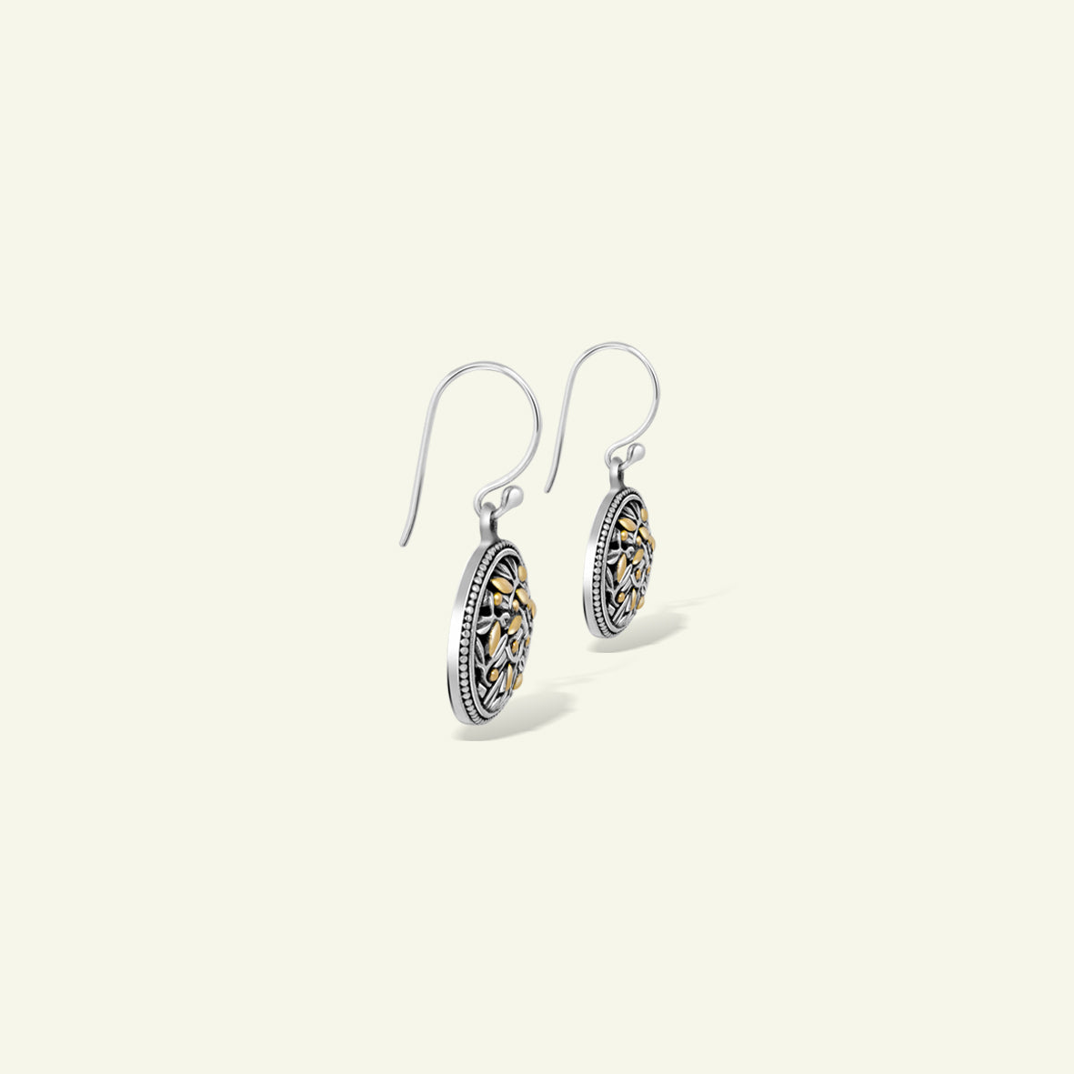 Bamboo Floral Disc Drop Earrings Featuring Handcrafted Silver Filigree and Gold Accents
