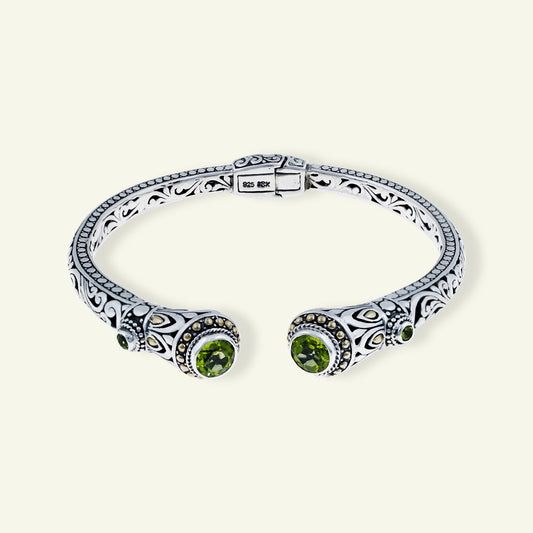 Sterling Silver Ornate Gemstone Cuff Bracelet – Amethyst | Blue Topaz | Peridot