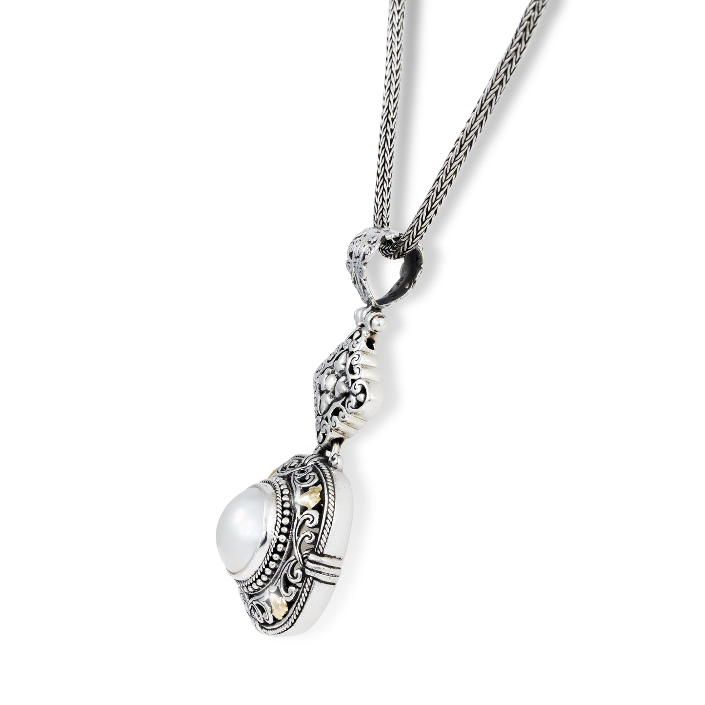 Sterling Silver Round Mother of Pearl Pendant Necklace with Ornate Scrollwork, 18K Gold Accents & Woven Silver Chain