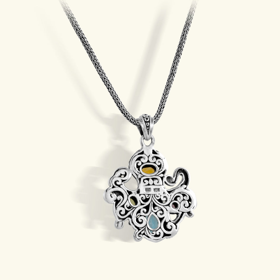 Sterling Silver Octopus Pendant Necklace with Multicolor Gemstones