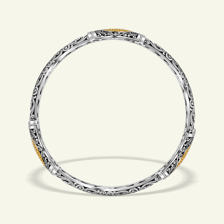 Sterling Silver Bangle Bracelet with Gold Plated Honeycomb Center