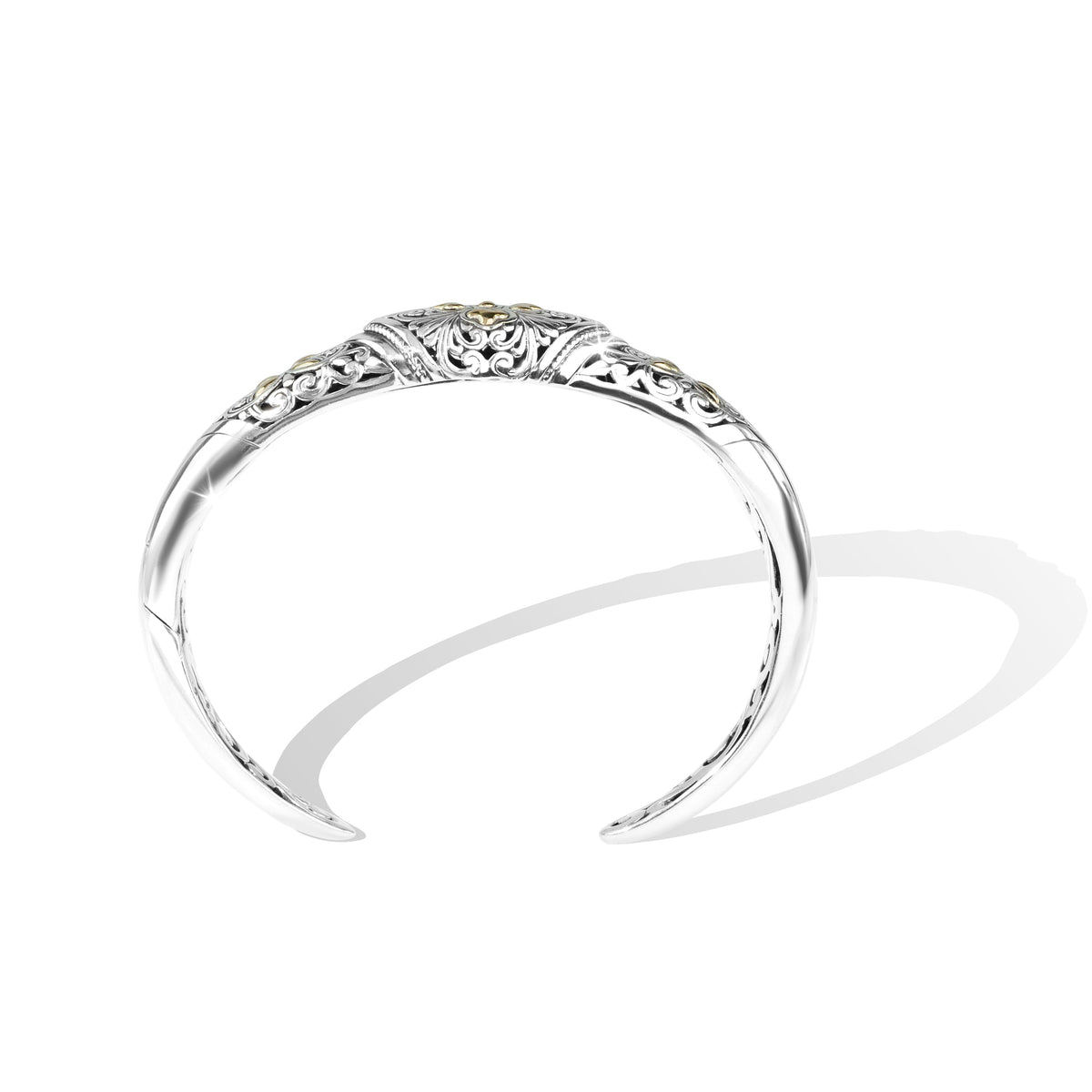 Puspa Royale – Balinese Floral Silver Cuff Bracelet with 18K Gold Accents