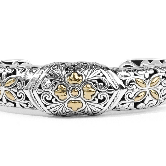Puspa Royale – Balinese Floral Silver Cuff Bracelet with 18K Gold Accents