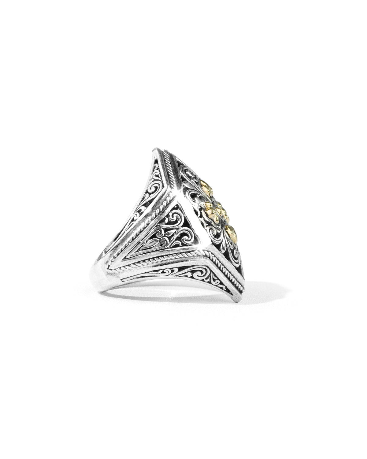 Balinese Batik Floral Sterling Silver Statement Ring with 18K Gold Accents