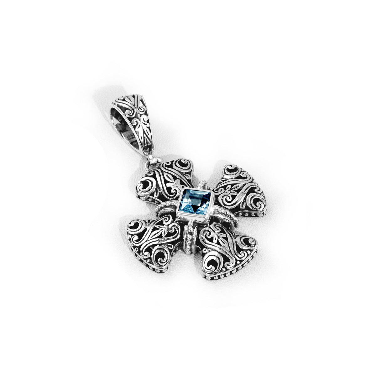 Ornate Balinese Silver Cross Pendant with Blue Topaz