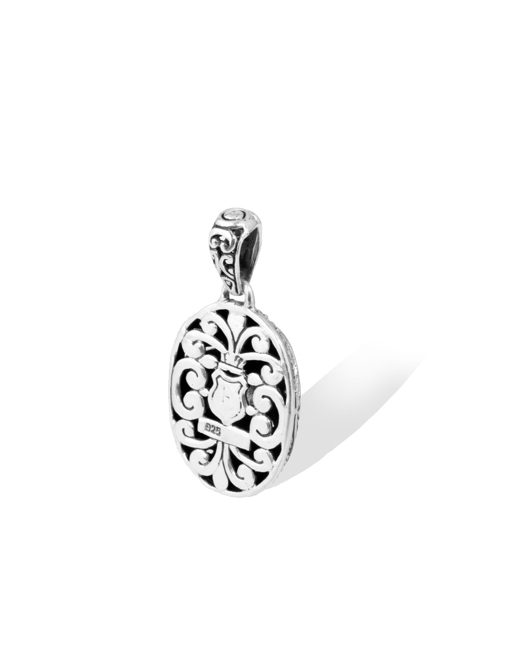 Round Blue Topaz Balinese Sterling Silver Pendant with Ornate Floral Scrollwork