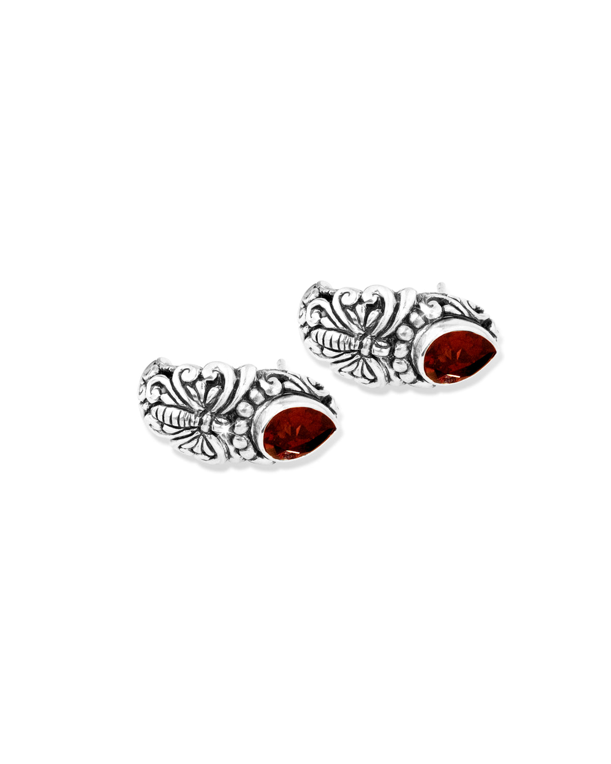 Balinese Butterfly Sterling Silver Stud Earrings with Pear-Shaped Garnet Gemstones