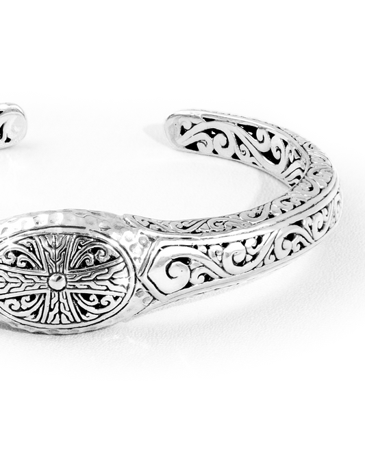 Balinese Floral Scroll Engraved Sterling Silver Cuff