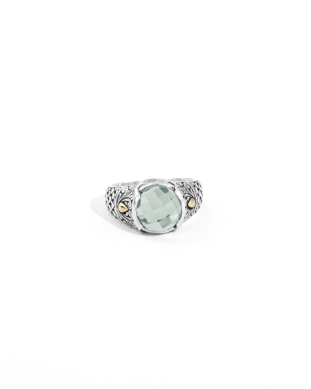 Green Amethyst Balinese Silver Ring with 18K Gold Accent