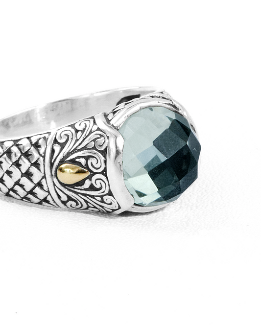 Green Amethyst Balinese Silver Ring with 18K Gold Accent