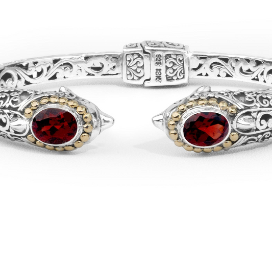 Dolphin-Inspired Balinese Sterling Silver Cuff Bracelet with Garnet and 18K Gold Accents