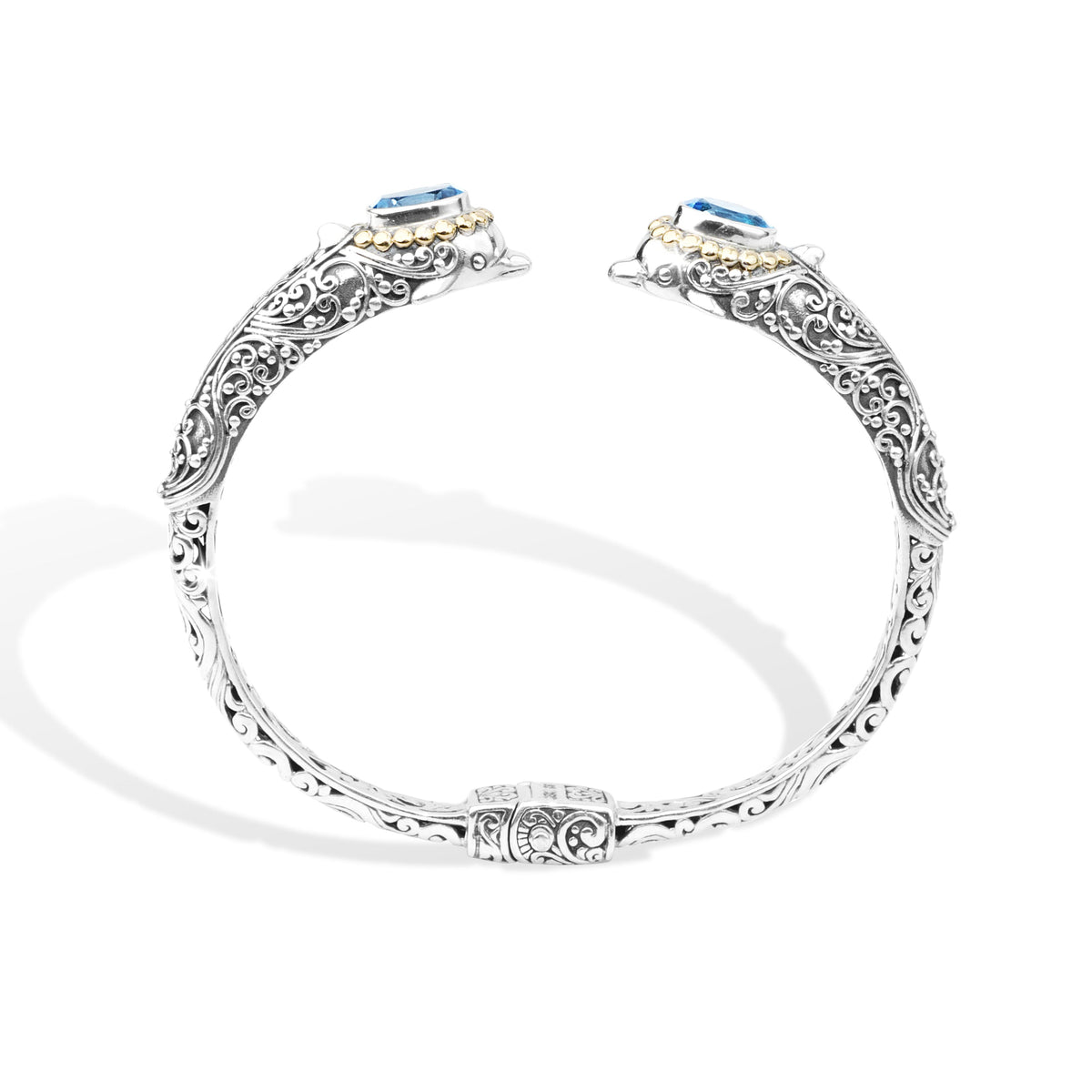 Dolphin-Inspired Balinese Sterling Silver Cuff Bracelet with Blue Topaz and 18K Gold Accents