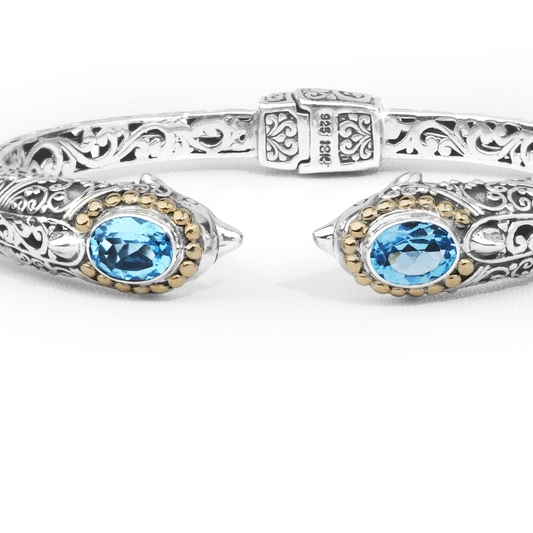 Dolphin-Inspired Balinese Cuff Bracelet with Blue Topaz and 18K Gold Accents