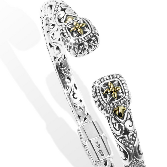 Ornate Balinese Filigree Silver Cuff with 18K Gold Floral Accents