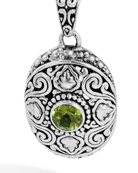 Filigree Peridot Silver Pendant with Balinese Scrollwork