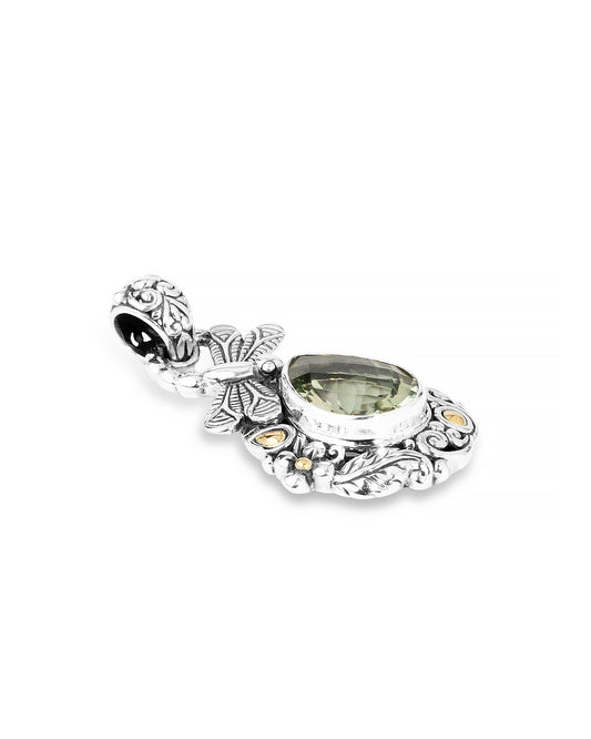 Green Amethyst Dragonfly Balinese Sterling Silver Pendant with 18K Gold Accents