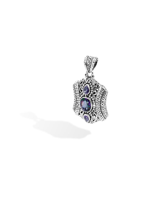 Balinese Mystic Topaz and Amethyst Sterling Silver 925 Pendant with Hammered Silver and Ornate Scrollwork