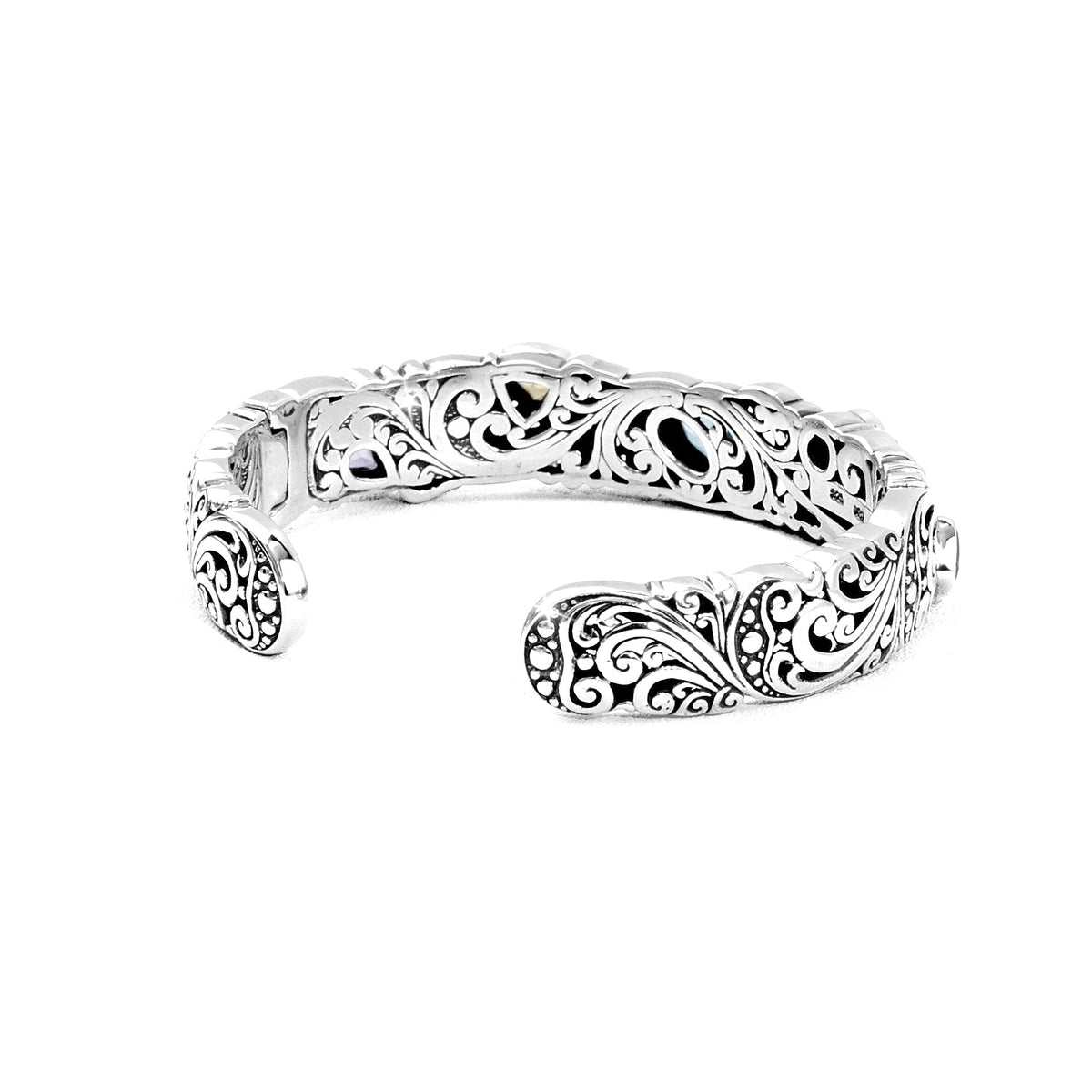 Ornate Silver-Tone Open Cuff Bracelet with Colorful Gemstone Accents Product Description