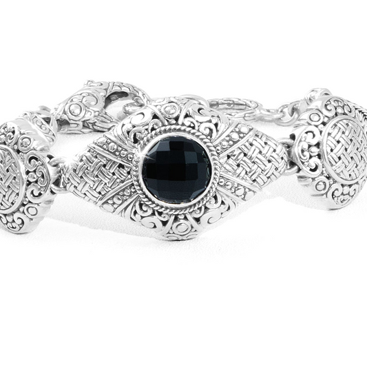 Faceted Black Onyx Balinese Silver Chain Bracelet with Ornate Scrollwork