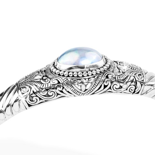 Balinese Oval Pearl Sterling Silver Cuff Bracelet with Ornate Scrollwork