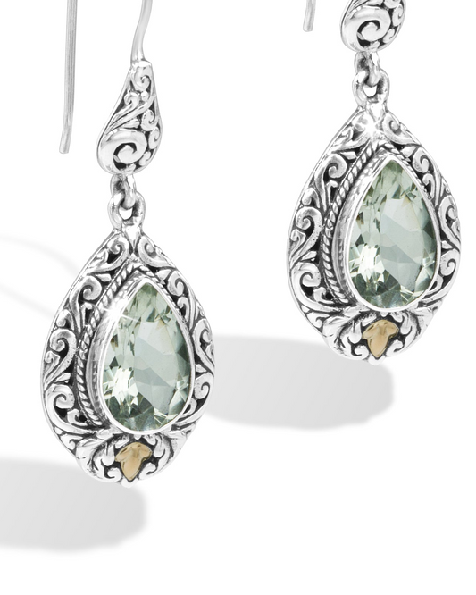Celestia Dewdrop Green Amethyst Earrings – Handcrafted Balinese Silver with 18K Gold Accents Product Description