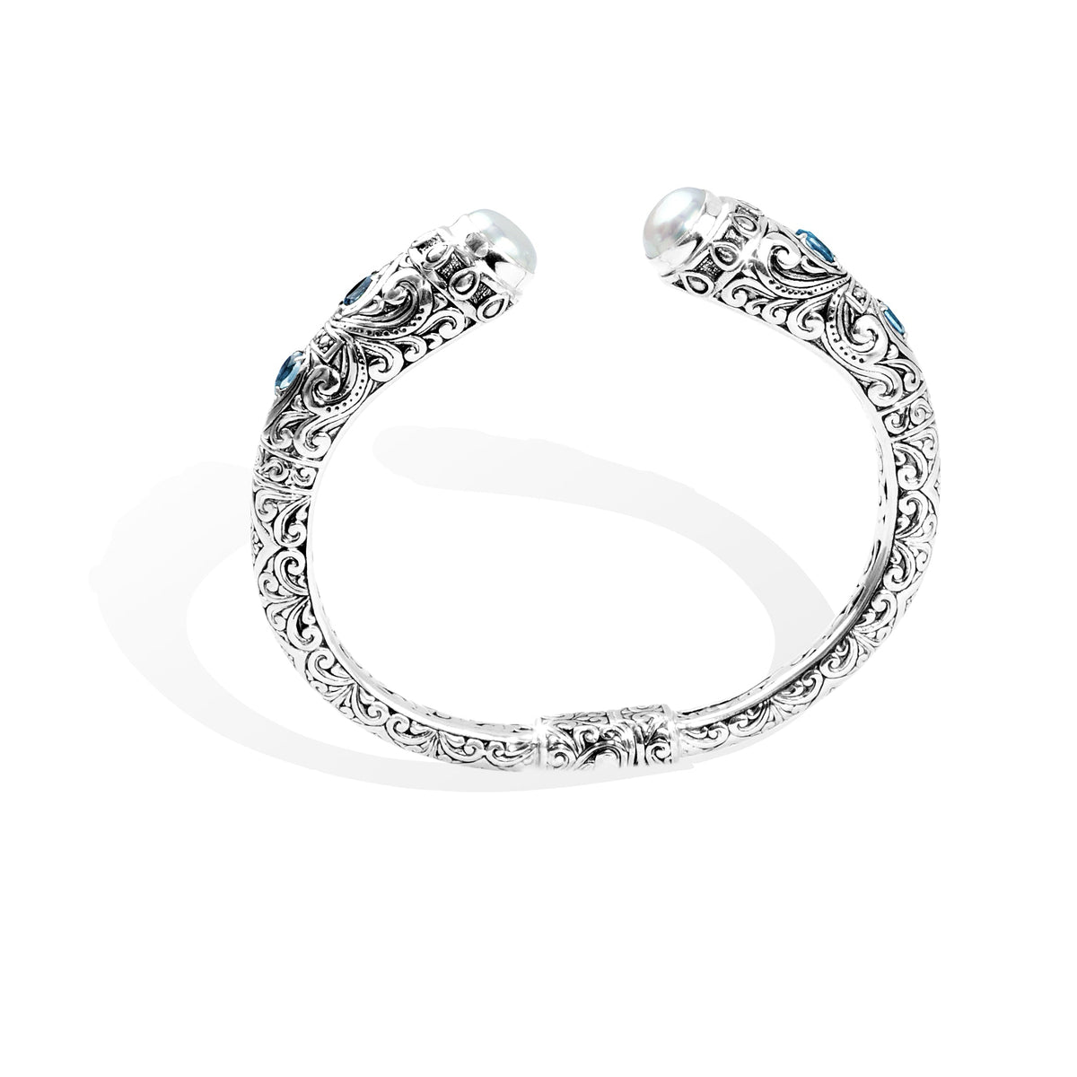 Handcrafted Balinese Silver Open Cuff Bracelet with Pearl & Blue Topaz